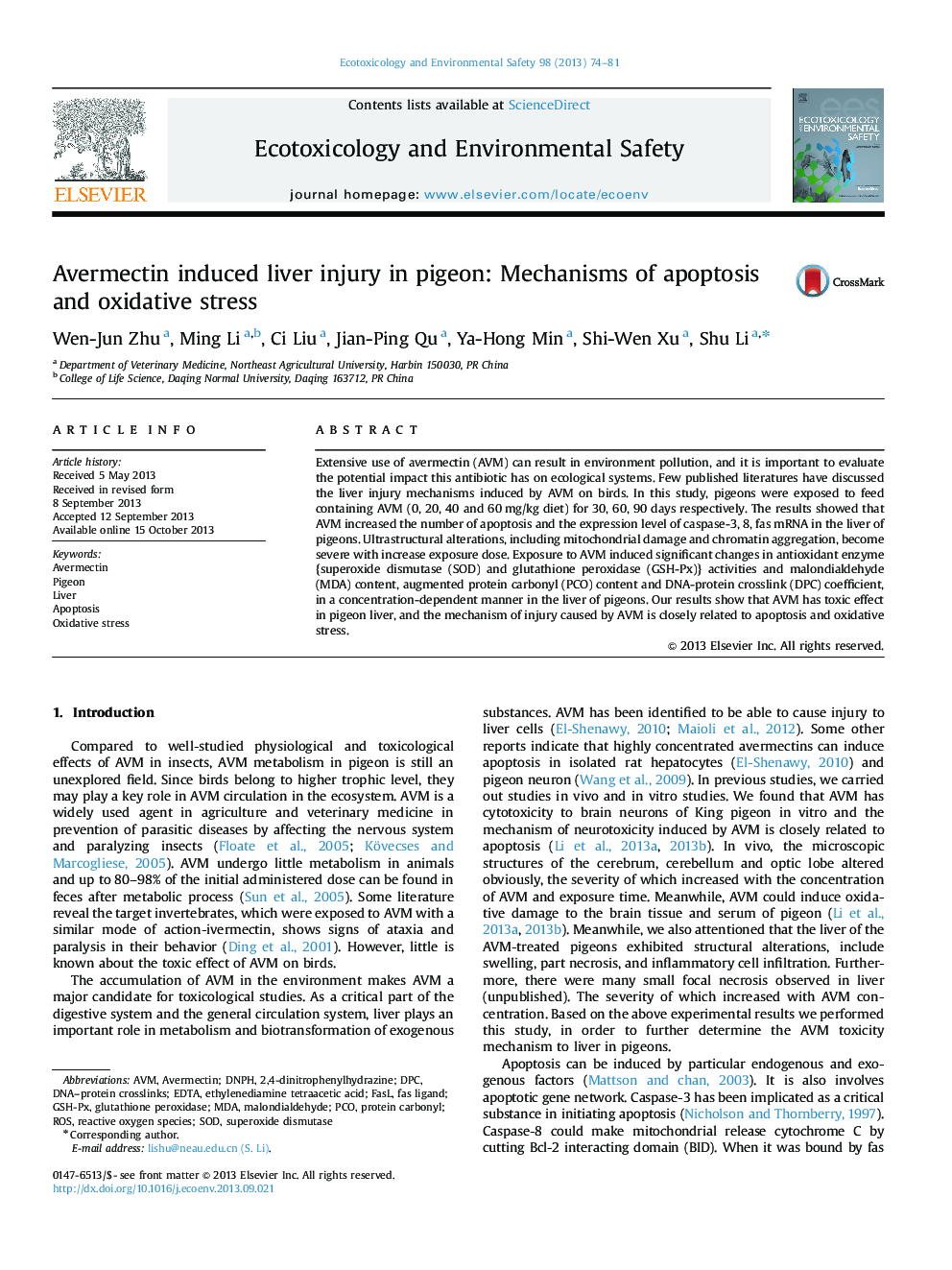 Avermectin induced liver injury in pigeon: Mechanisms of apoptosis and oxidative stress