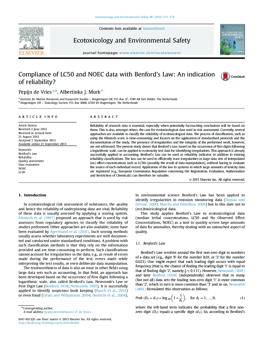 Compliance of LC50 and NOEC data with Benford's Law: An indication of reliability?