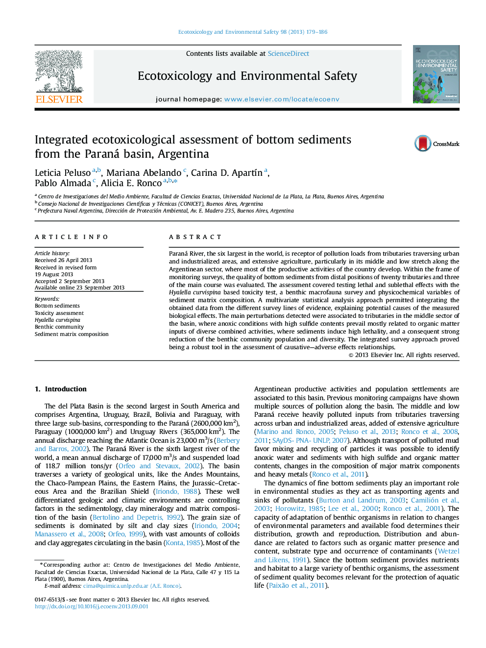 Integrated ecotoxicological assessment of bottom sediments from the Paraná basin, Argentina