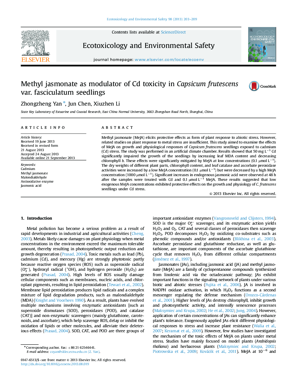 Methyl jasmonate as modulator of Cd toxicity in Capsicum frutescens var. fasciculatum seedlings