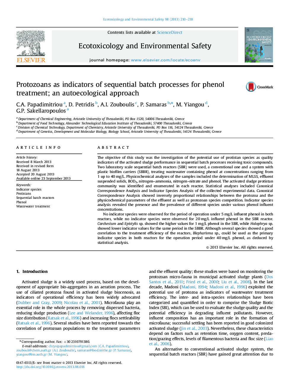 Protozoans as indicators of sequential batch processes for phenol treatment; an autoecological approach