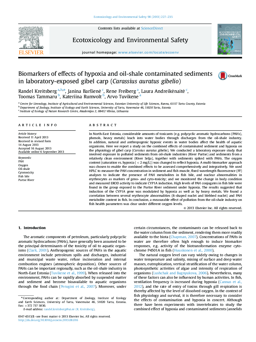 Biomarkers of effects of hypoxia and oil-shale contaminated sediments in laboratory-exposed gibel carp (Carassius auratus gibelio)