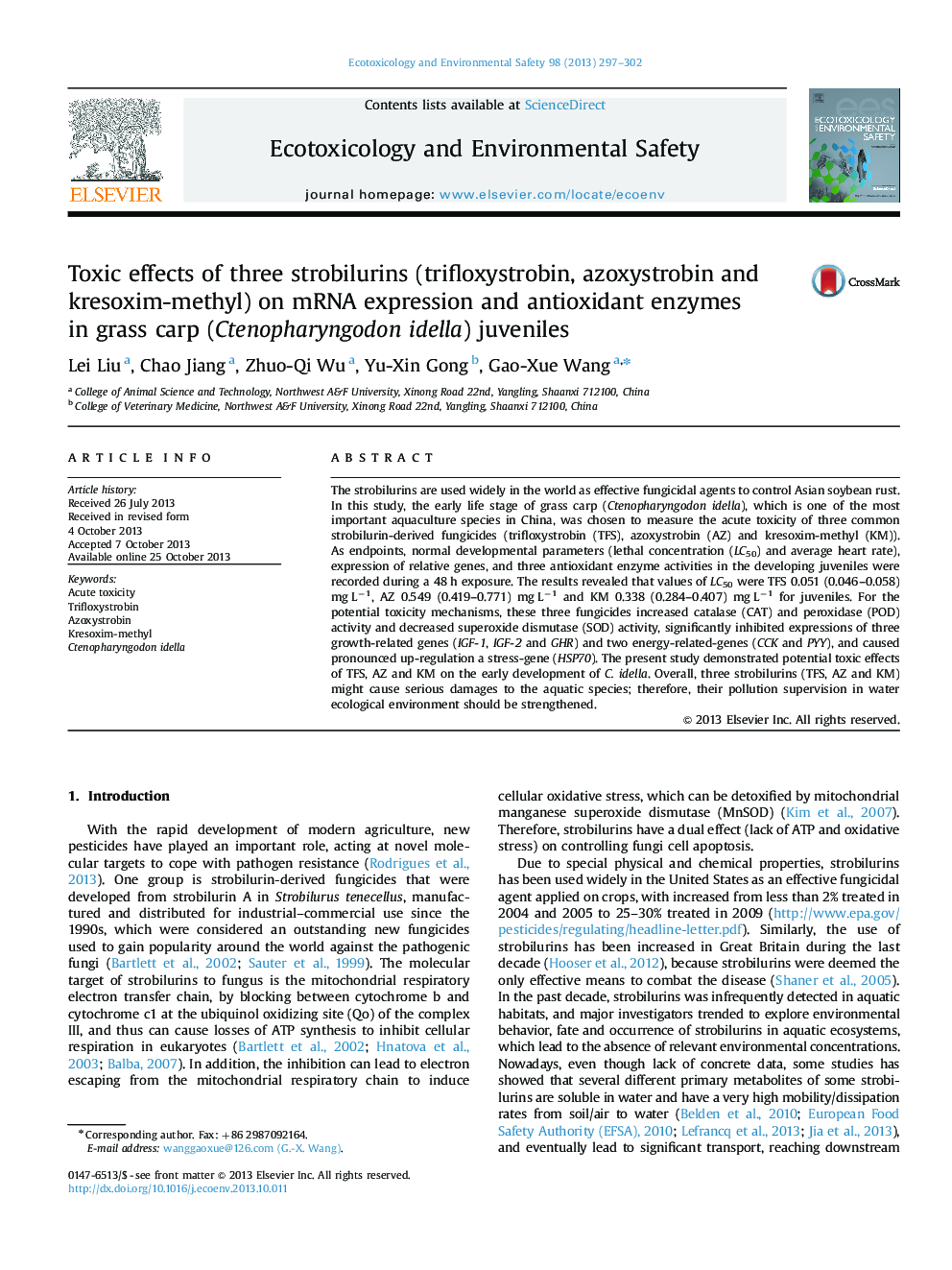 Toxic effects of three strobilurins (trifloxystrobin, azoxystrobin and kresoxim-methyl) on mRNA expression and antioxidant enzymes in grass carp (Ctenopharyngodon idella) juveniles