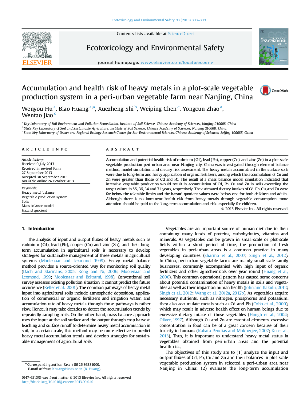 Accumulation and health risk of heavy metals in a plot-scale vegetable production system in a peri-urban vegetable farm near Nanjing, China