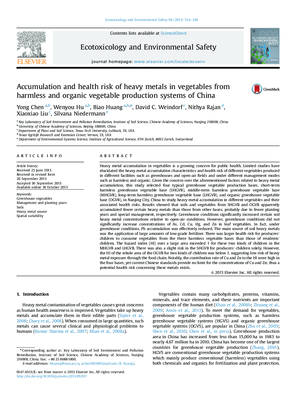 Accumulation and health risk of heavy metals in vegetables from harmless and organic vegetable production systems of China