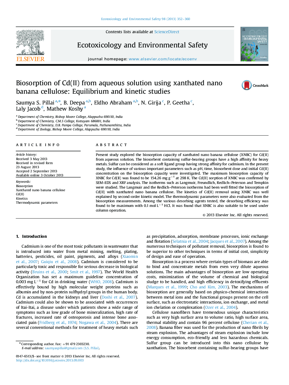 Biosorption of Cd(II) from aqueous solution using xanthated nano banana cellulose: Equilibrium and kinetic studies