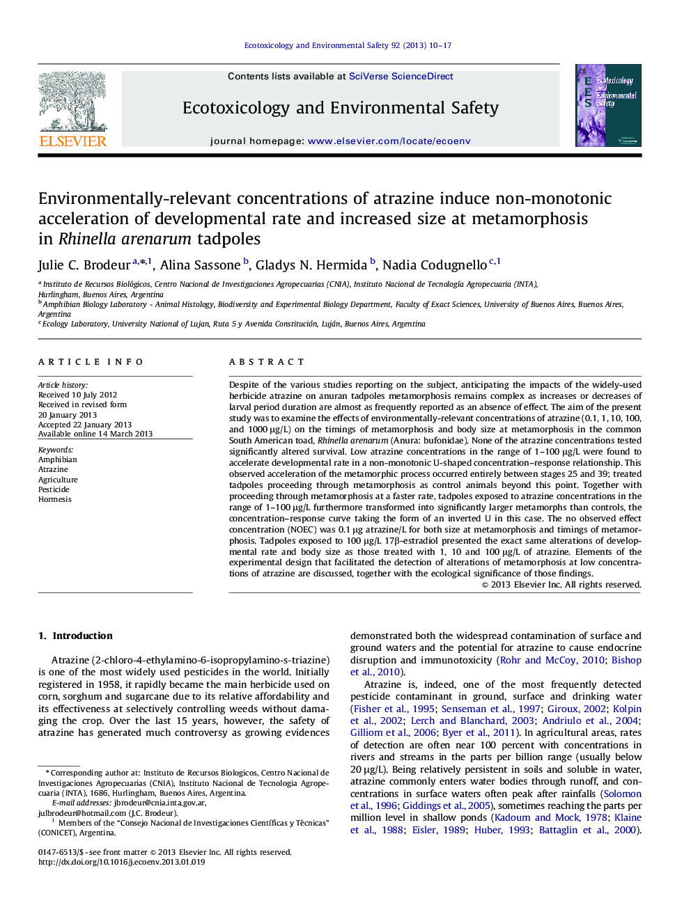 Environmentally-relevant concentrations of atrazine induce non-monotonic acceleration of developmental rate and increased size at metamorphosis in Rhinella arenarum tadpoles