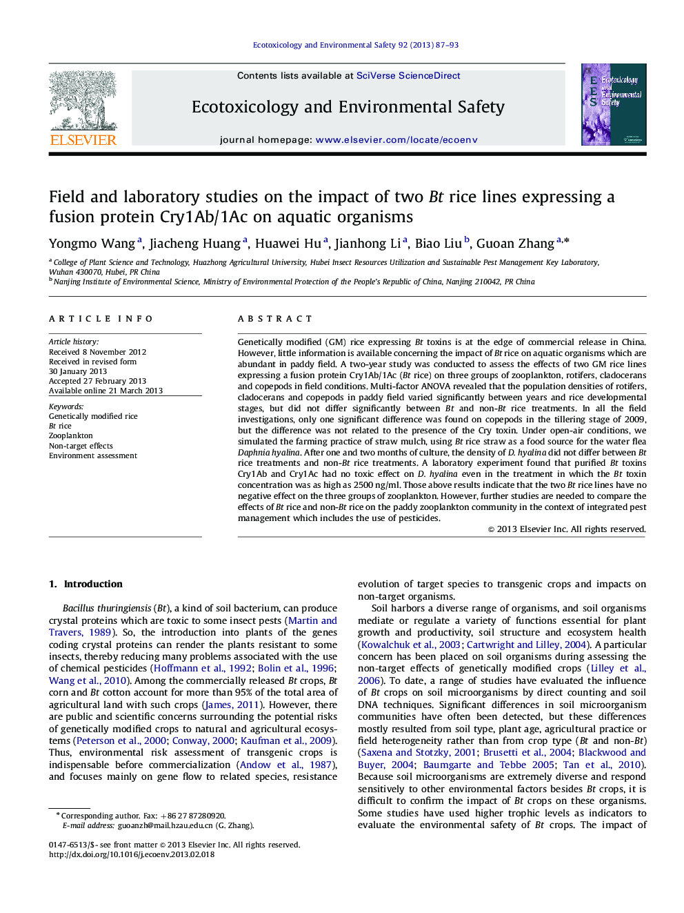 Field and laboratory studies on the impact of two Bt rice lines expressing a fusion protein Cry1Ab/1Ac on aquatic organisms