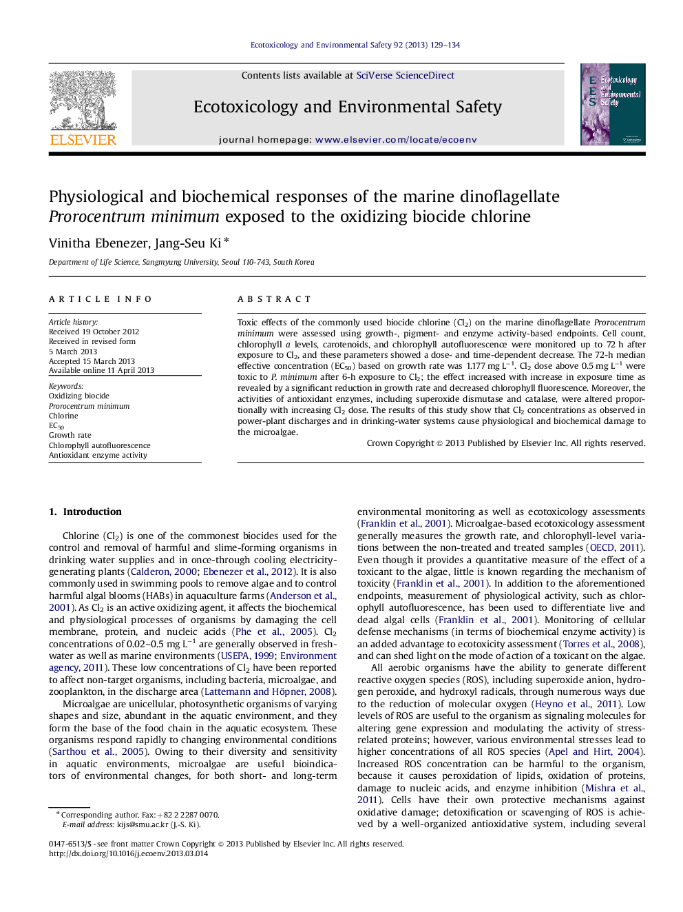 Physiological and biochemical responses of the marine dinoflagellate Prorocentrum minimum exposed to the oxidizing biocide chlorine