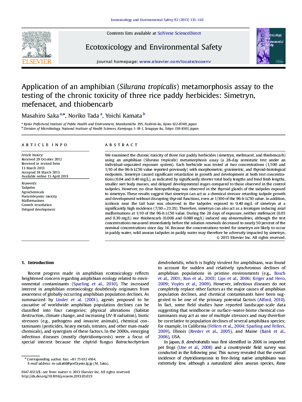 Application of an amphibian (Silurana tropicalis) metamorphosis assay to the testing of the chronic toxicity of three rice paddy herbicides: Simetryn, mefenacet, and thiobencarb
