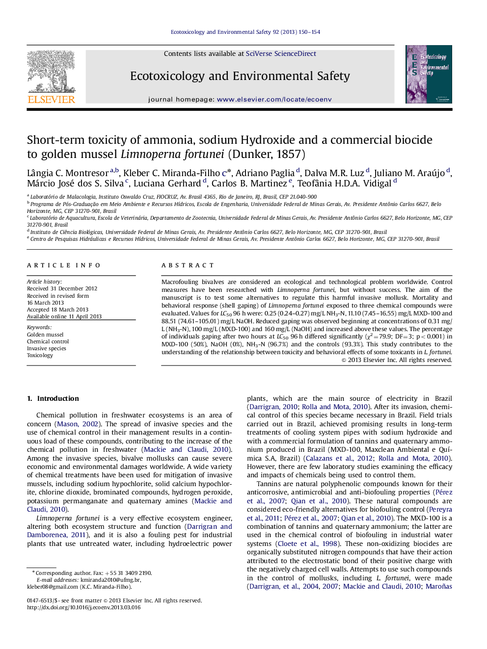 Short-term toxicity of ammonia, sodium Hydroxide and a commercial biocide to golden mussel Limnoperna fortunei (Dunker, 1857)