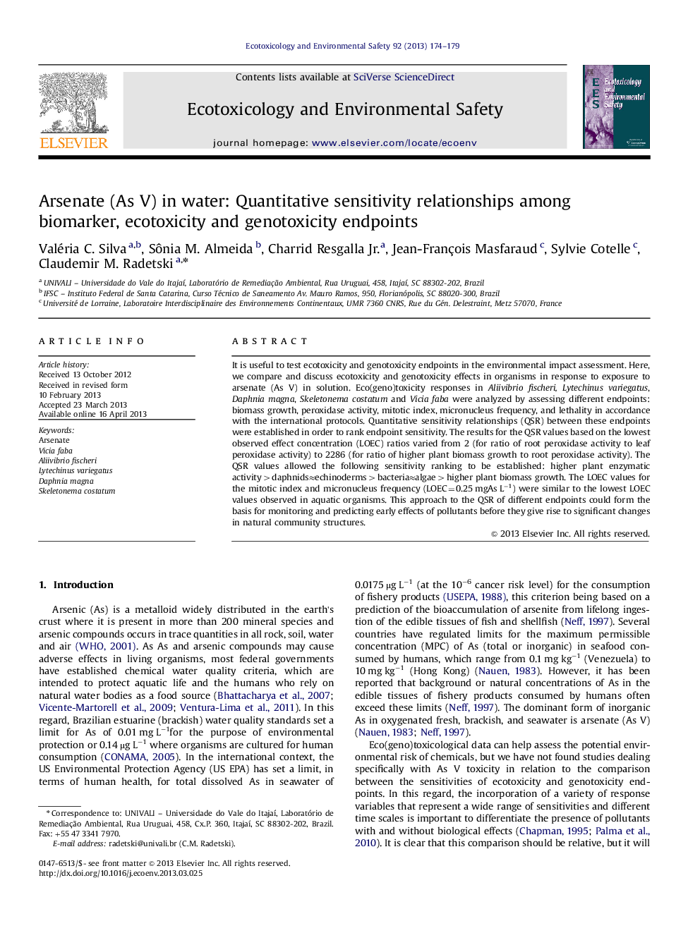 Arsenate (As V) in water: Quantitative sensitivity relationships among biomarker, ecotoxicity and genotoxicity endpoints