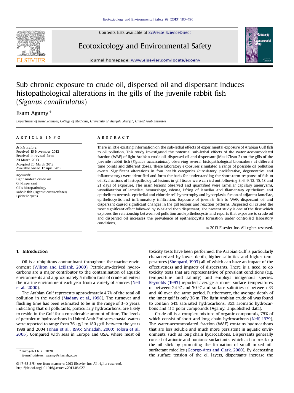 Sub chronic exposure to crude oil, dispersed oil and dispersant induces histopathological alterations in the gills of the juvenile rabbit fish (Siganus canaliculatus)