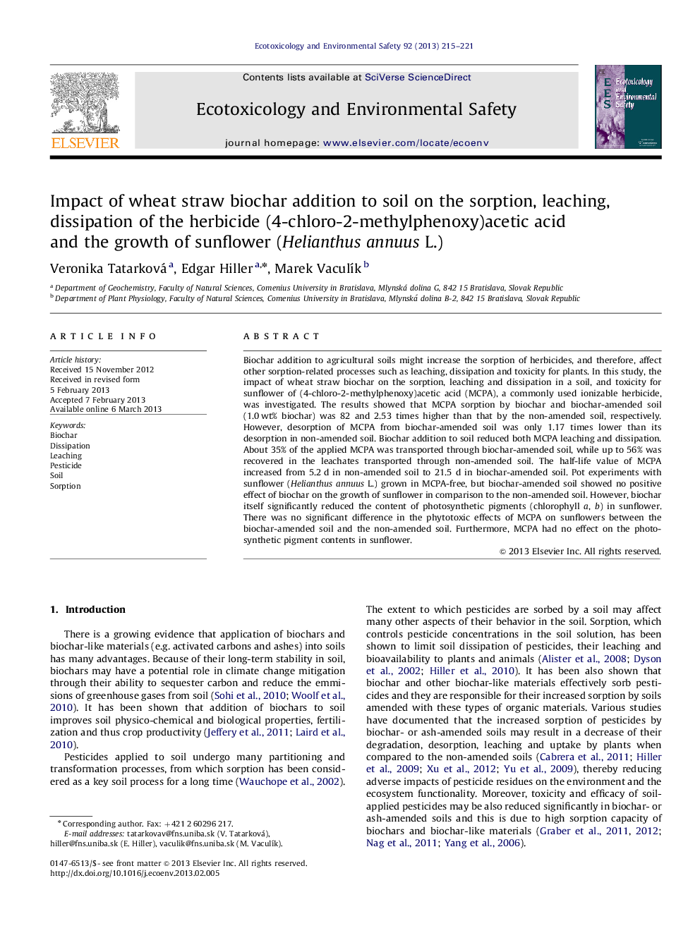 Impact of wheat straw biochar addition to soil on the sorption, leaching, dissipation of the herbicide (4-chloro-2-methylphenoxy)acetic acid and the growth of sunflower (Helianthus annuus L.)