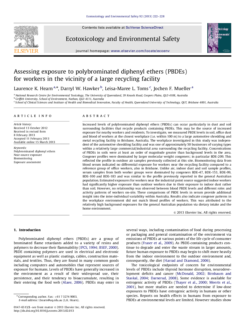 Assessing exposure to polybrominated diphenyl ethers (PBDEs) for workers in the vicinity of a large recycling facility