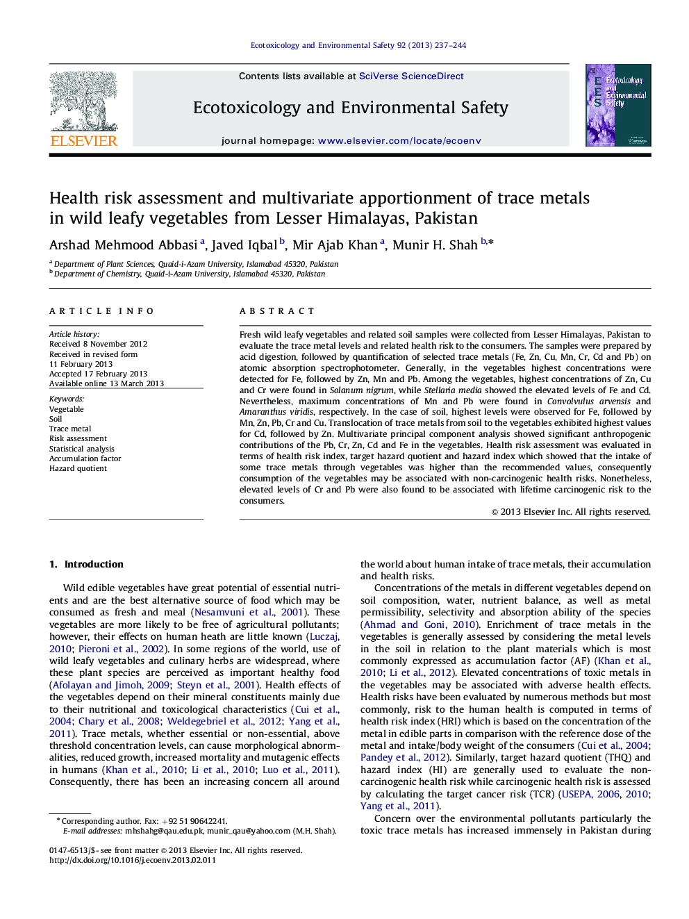 Health risk assessment and multivariate apportionment of trace metals in wild leafy vegetables from Lesser Himalayas, Pakistan