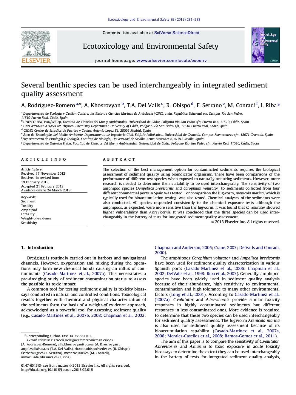 Several benthic species can be used interchangeably in integrated sediment quality assessment