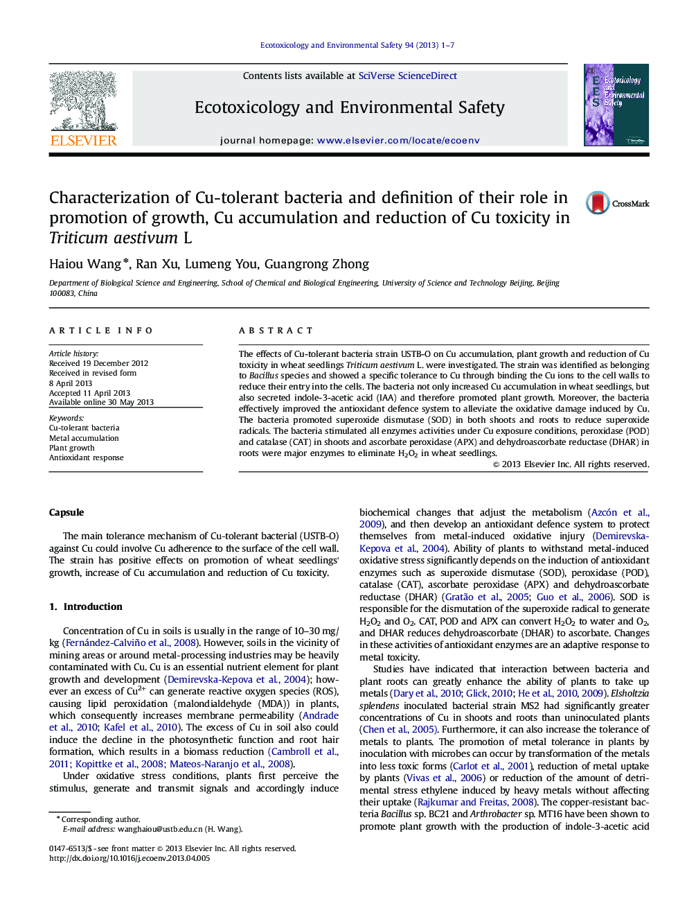 Characterization of Cu-tolerant bacteria and definition of their role in promotion of growth, Cu accumulation and reduction of Cu toxicity in Triticum aestivum L