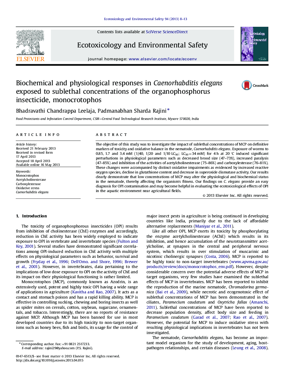 Biochemical and physiological responses in Caenorhabditis elegans exposed to sublethal concentrations of the organophosphorus insecticide, monocrotophos