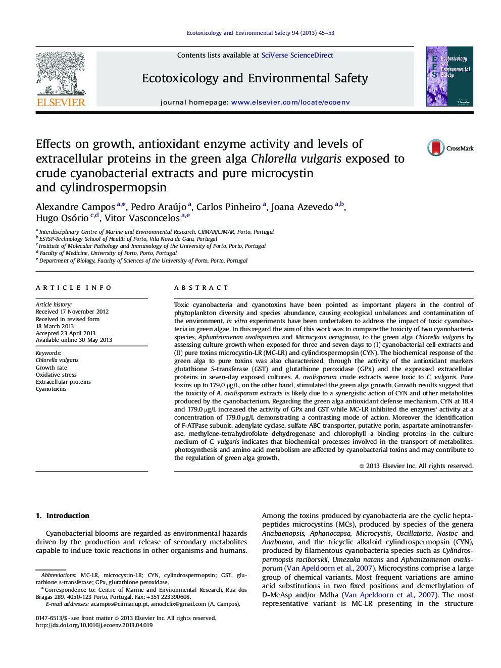 Effects on growth, antioxidant enzyme activity and levels of extracellular proteins in the green alga Chlorella vulgaris exposed to crude cyanobacterial extracts and pure microcystin and cylindrospermopsin