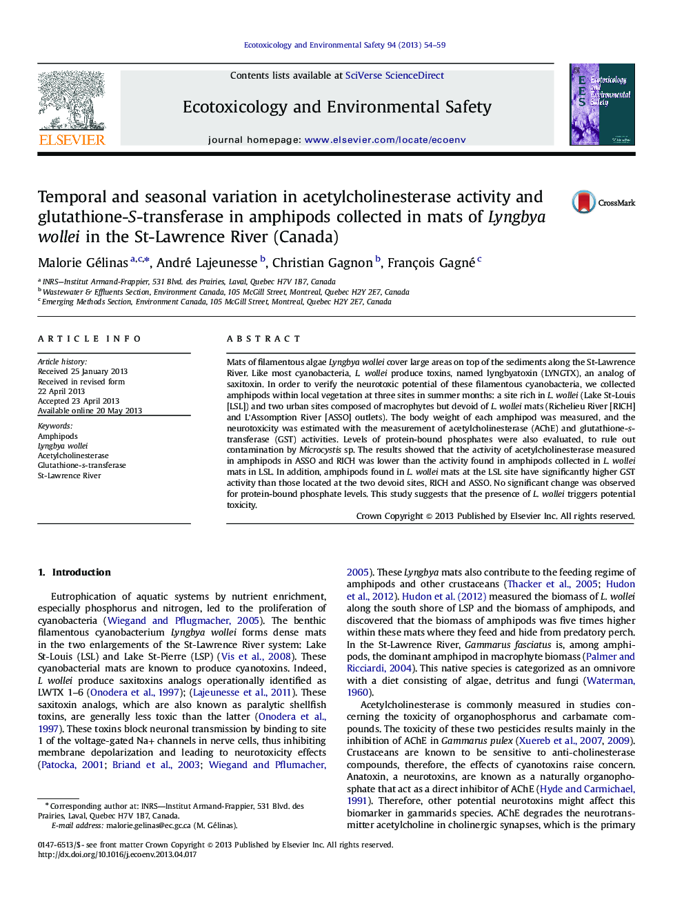 Temporal and seasonal variation in acetylcholinesterase activity and glutathione-S-transferase in amphipods collected in mats of Lyngbya wollei in the St-Lawrence River (Canada)