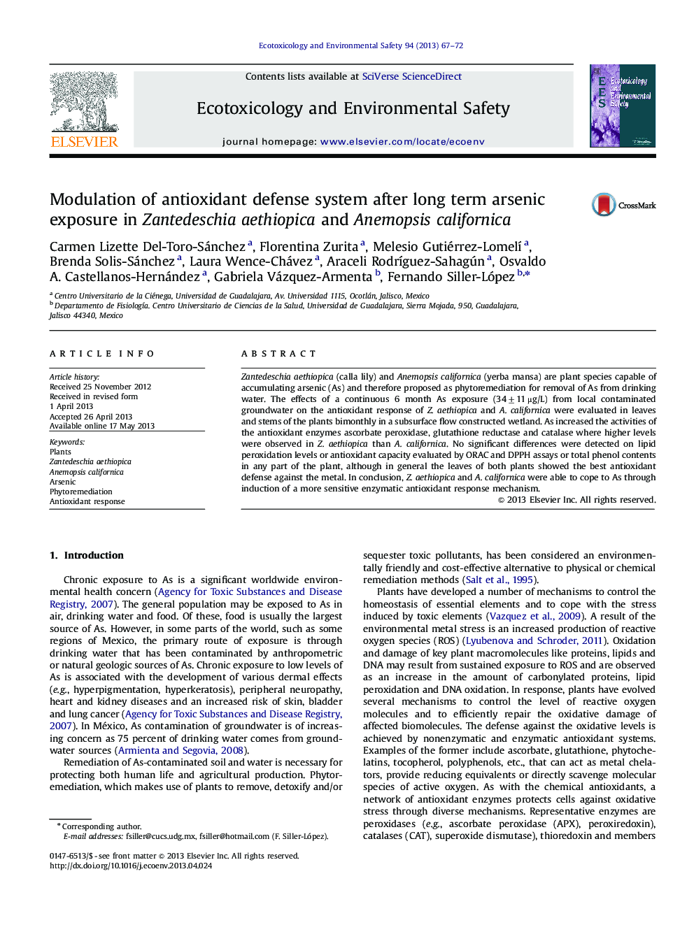 Modulation of antioxidant defense system after long term arsenic exposure in Zantedeschia aethiopica and Anemopsis californica