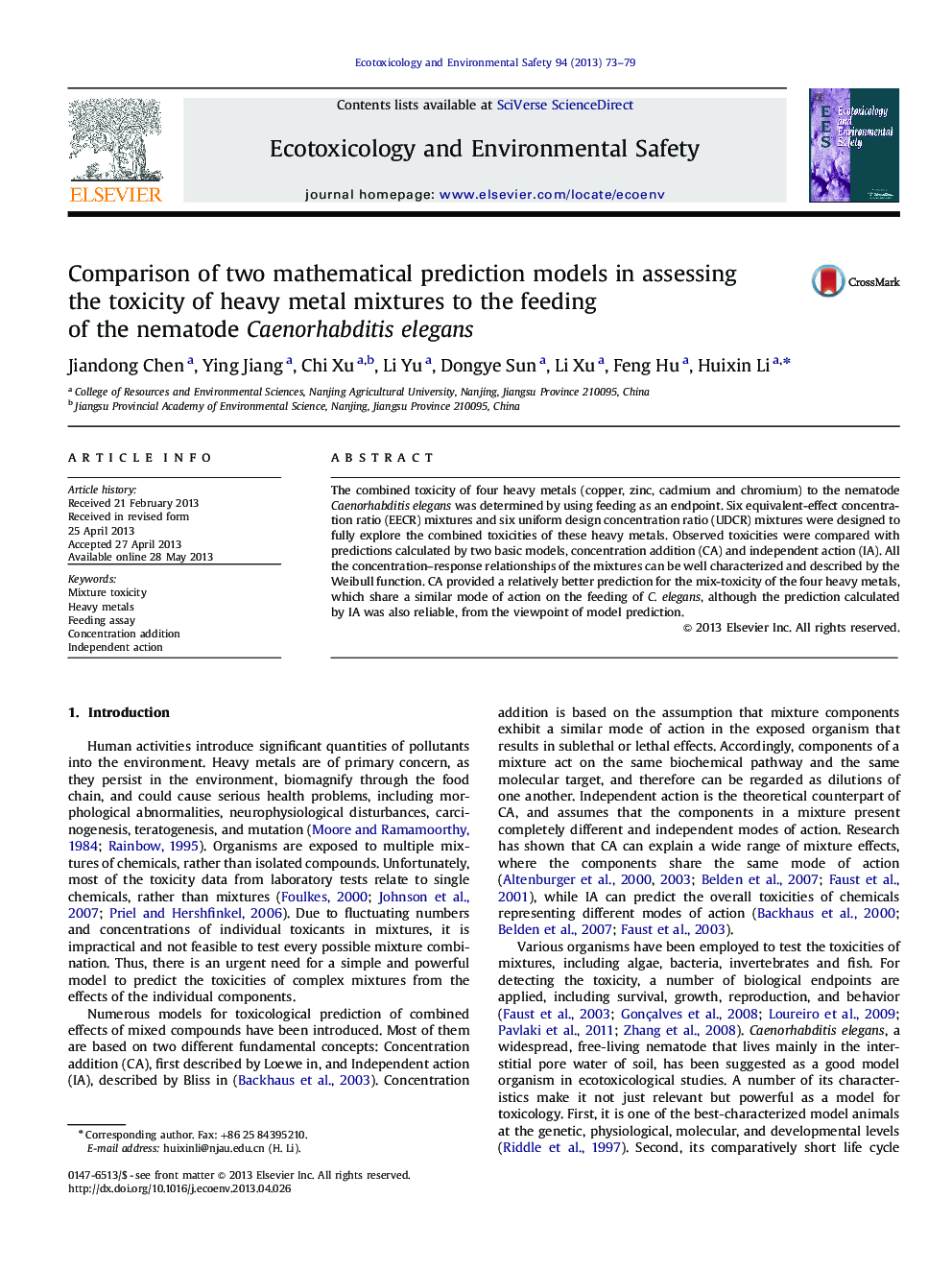 Comparison of two mathematical prediction models in assessing the toxicity of heavy metal mixtures to the feeding of the nematode Caenorhabditis elegans