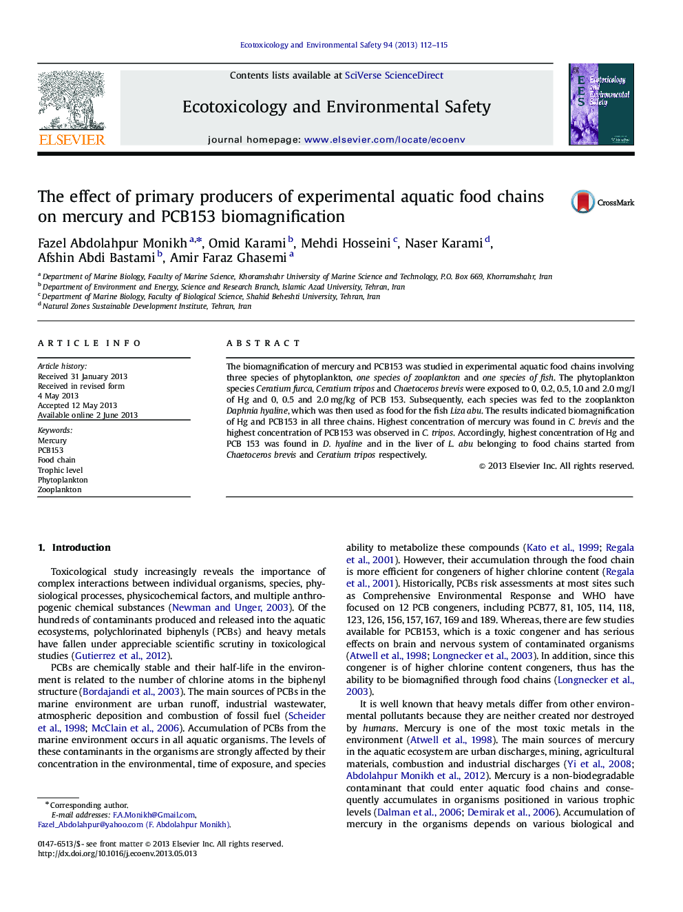 The effect of primary producers of experimental aquatic food chains on mercury and PCB153 biomagnification