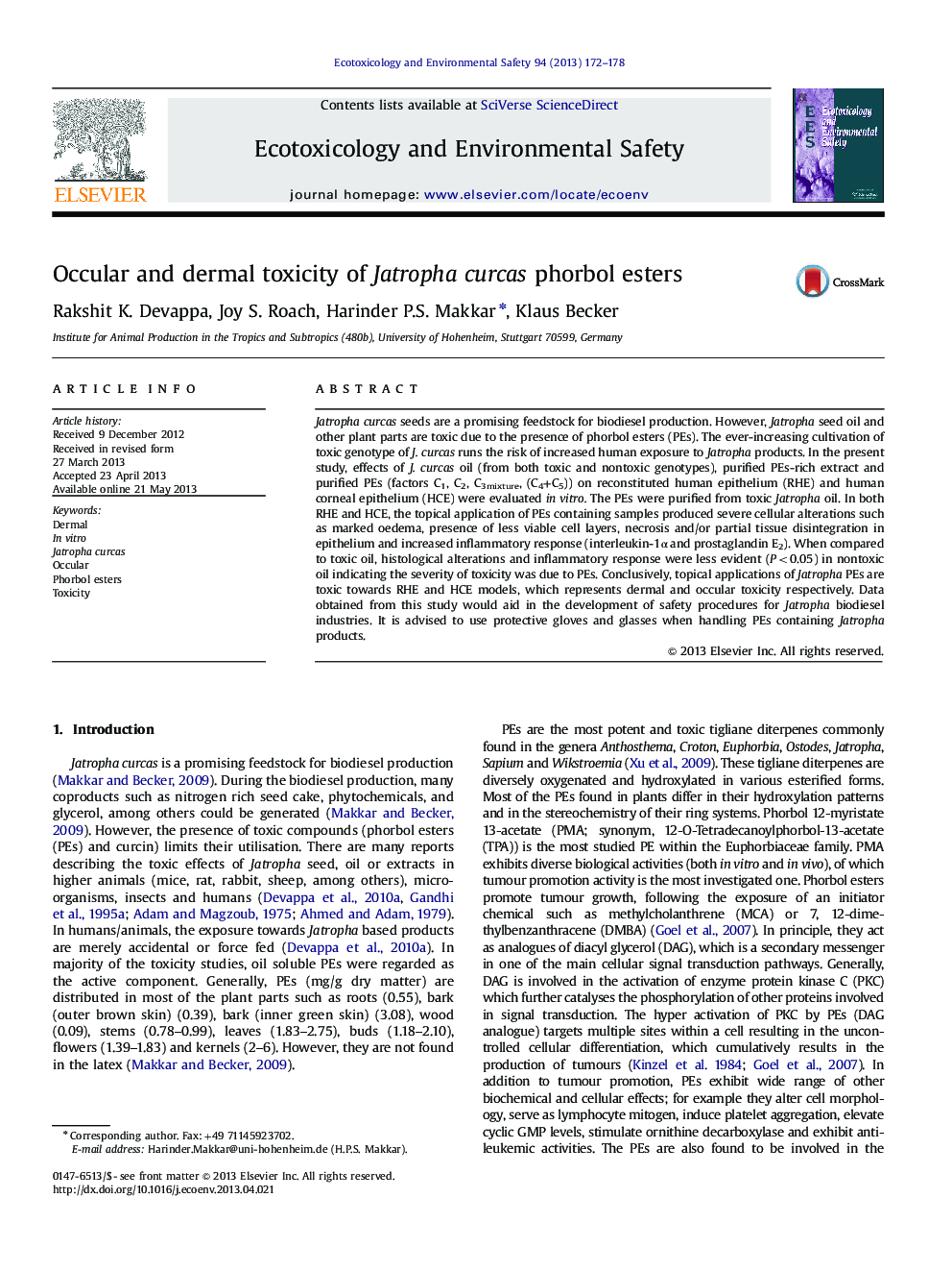 Occular and dermal toxicity of Jatropha curcas phorbol esters