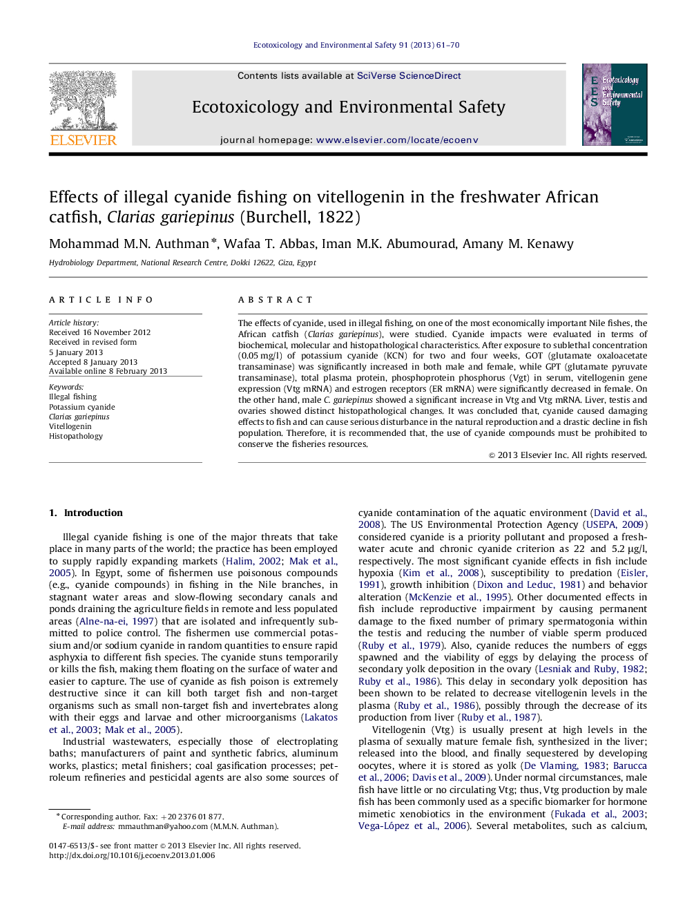 Effects of illegal cyanide fishing on vitellogenin in the freshwater African catfish, Clarias gariepinus (Burchell, 1822)