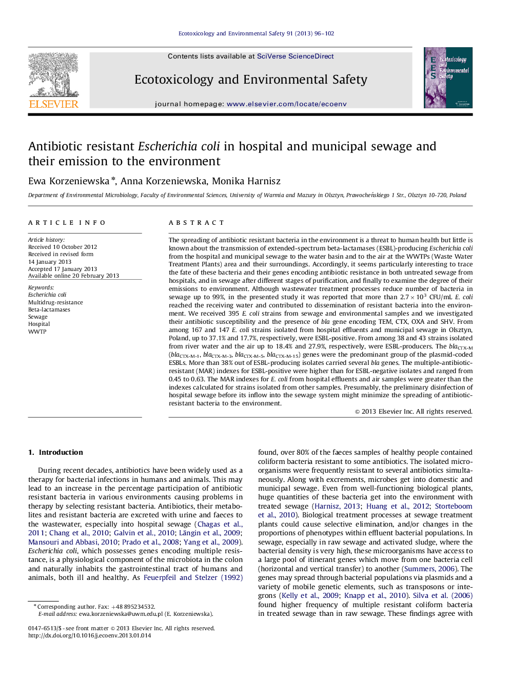 Antibiotic resistant Escherichia coli in hospital and municipal sewage and their emission to the environment