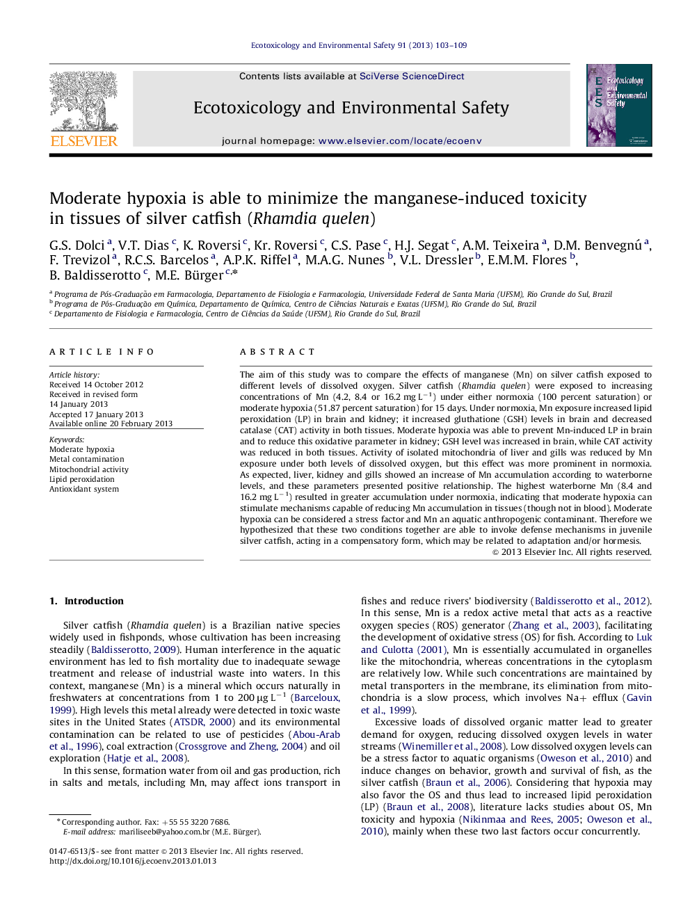 Moderate hypoxia is able to minimize the manganese-induced toxicity in tissues of silver catfish (Rhamdia quelen)