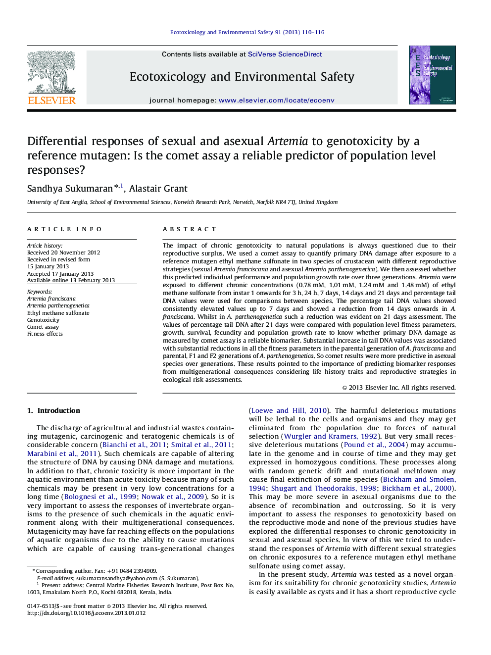 Differential responses of sexual and asexual Artemia to genotoxicity by a reference mutagen: Is the comet assay a reliable predictor of population level responses?