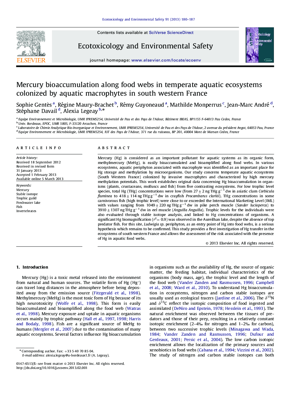 Mercury bioaccumulation along food webs in temperate aquatic ecosystems colonized by aquatic macrophytes in south western France