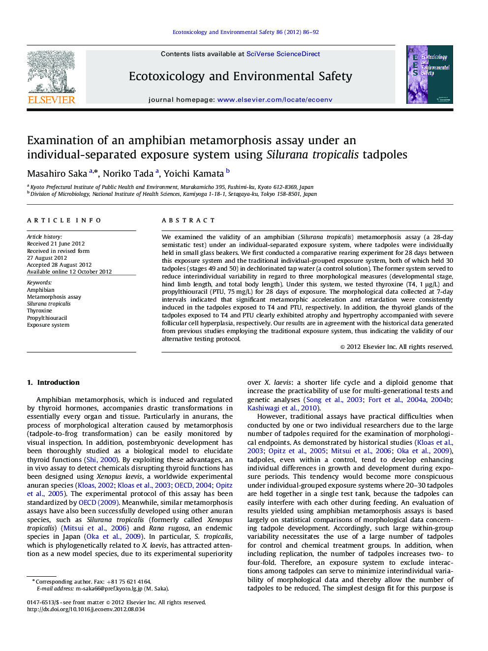 Examination of an amphibian metamorphosis assay under an individual-separated exposure system using Silurana tropicalis tadpoles