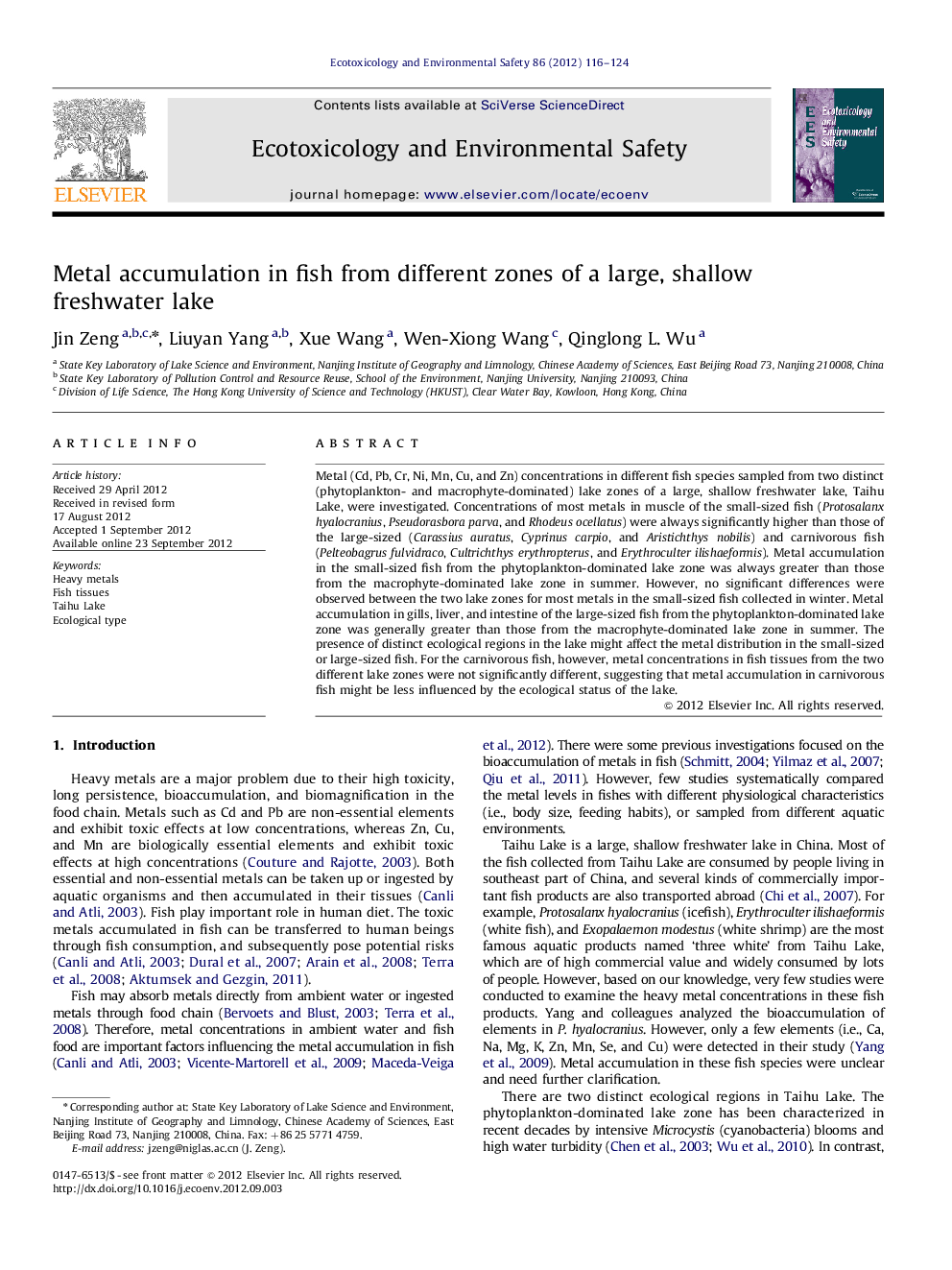 Metal accumulation in fish from different zones of a large, shallow freshwater lake