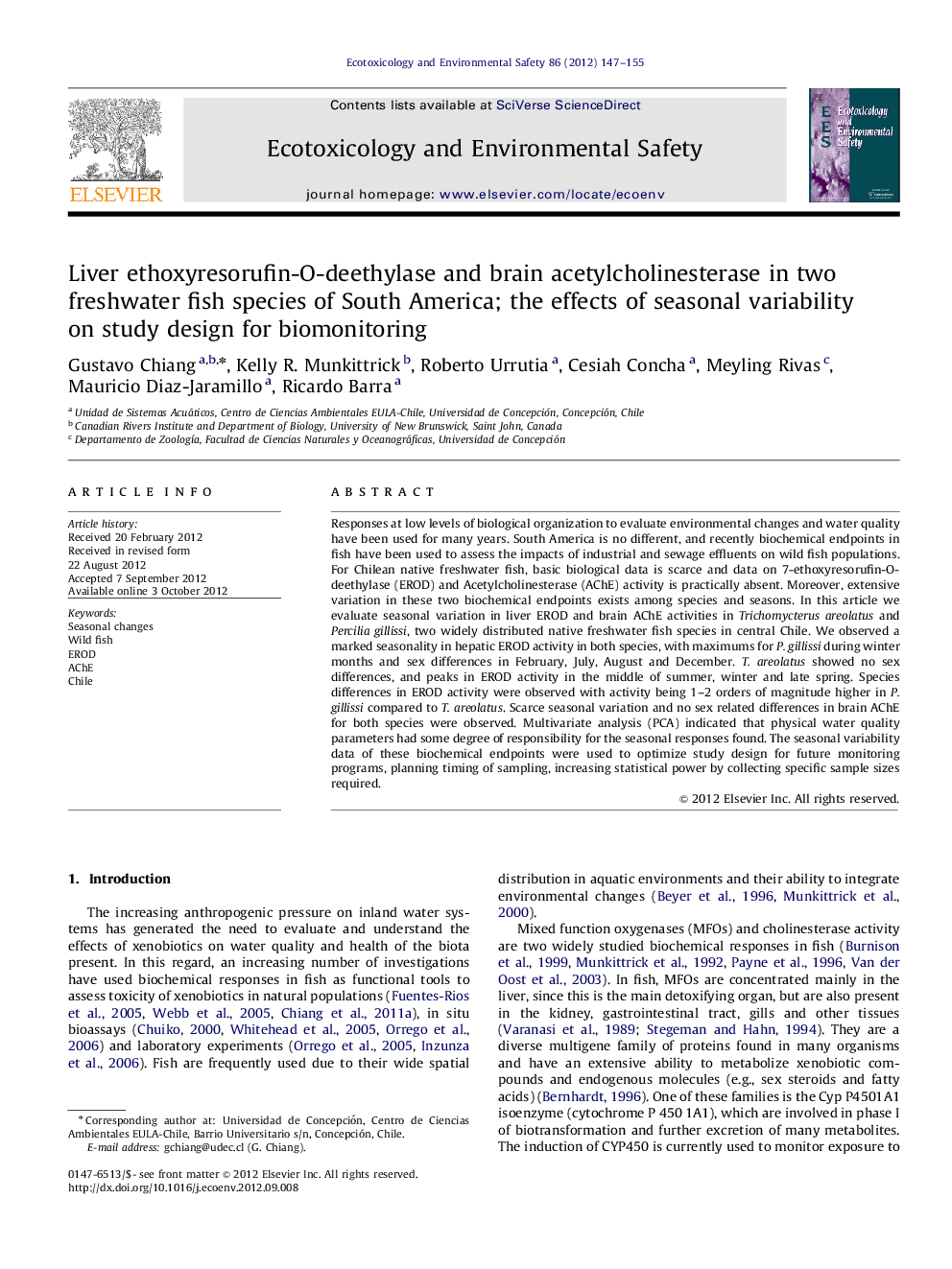 Liver ethoxyresorufin-O-deethylase and brain acetylcholinesterase in two freshwater fish species of South America; the effects of seasonal variability on study design for biomonitoring