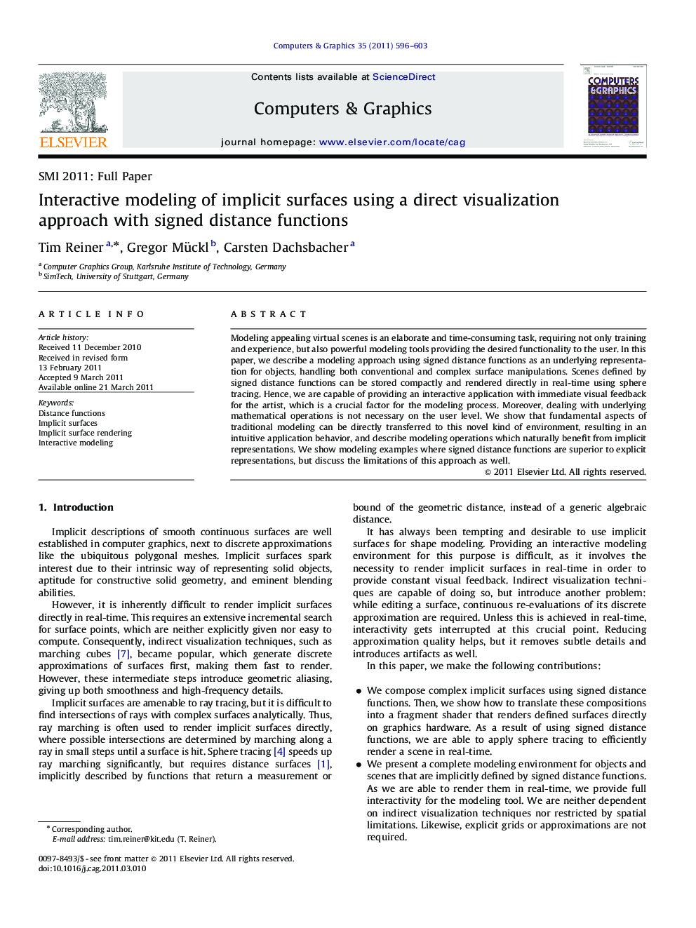 Interactive modeling of implicit surfaces using a direct visualization approach with signed distance functions