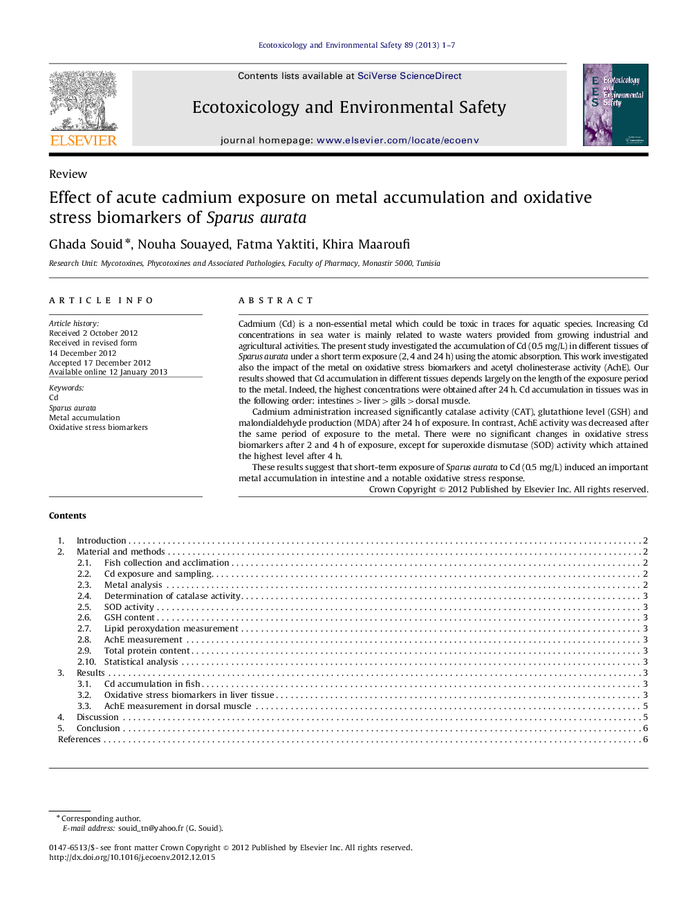 Effect of acute cadmium exposure on metal accumulation and oxidative stress biomarkers of Sparus aurata