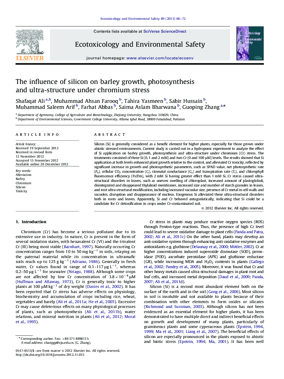 The influence of silicon on barley growth, photosynthesis and ultra-structure under chromium stress