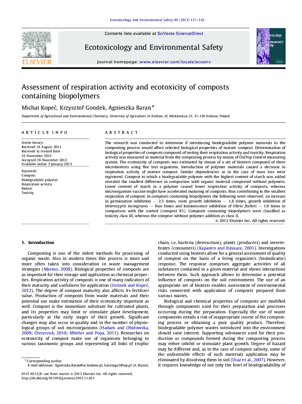 Assessment of respiration activity and ecotoxicity of composts containing biopolymers