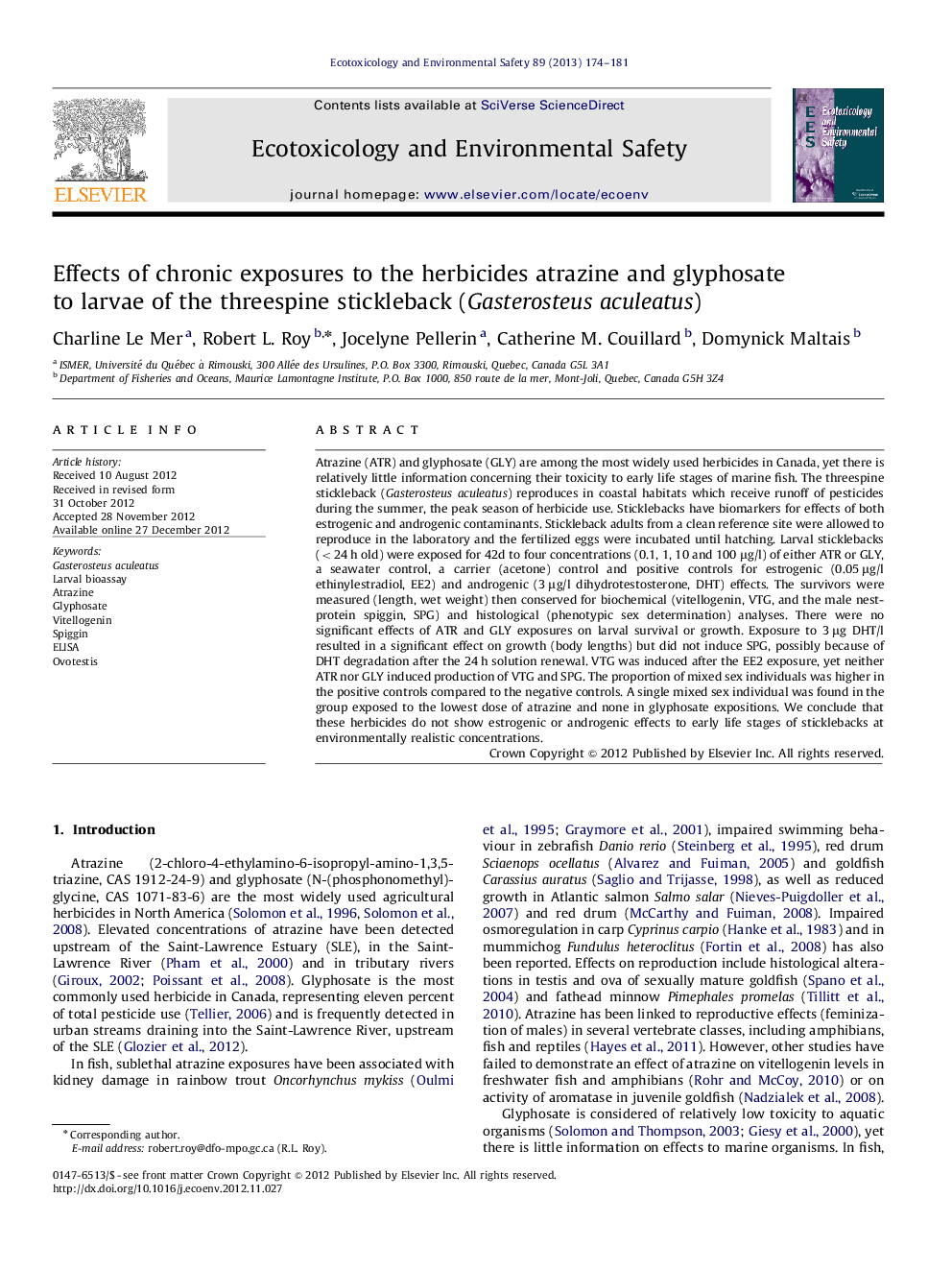 Effects of chronic exposures to the herbicides atrazine and glyphosate to larvae of the threespine stickleback (Gasterosteus aculeatus)