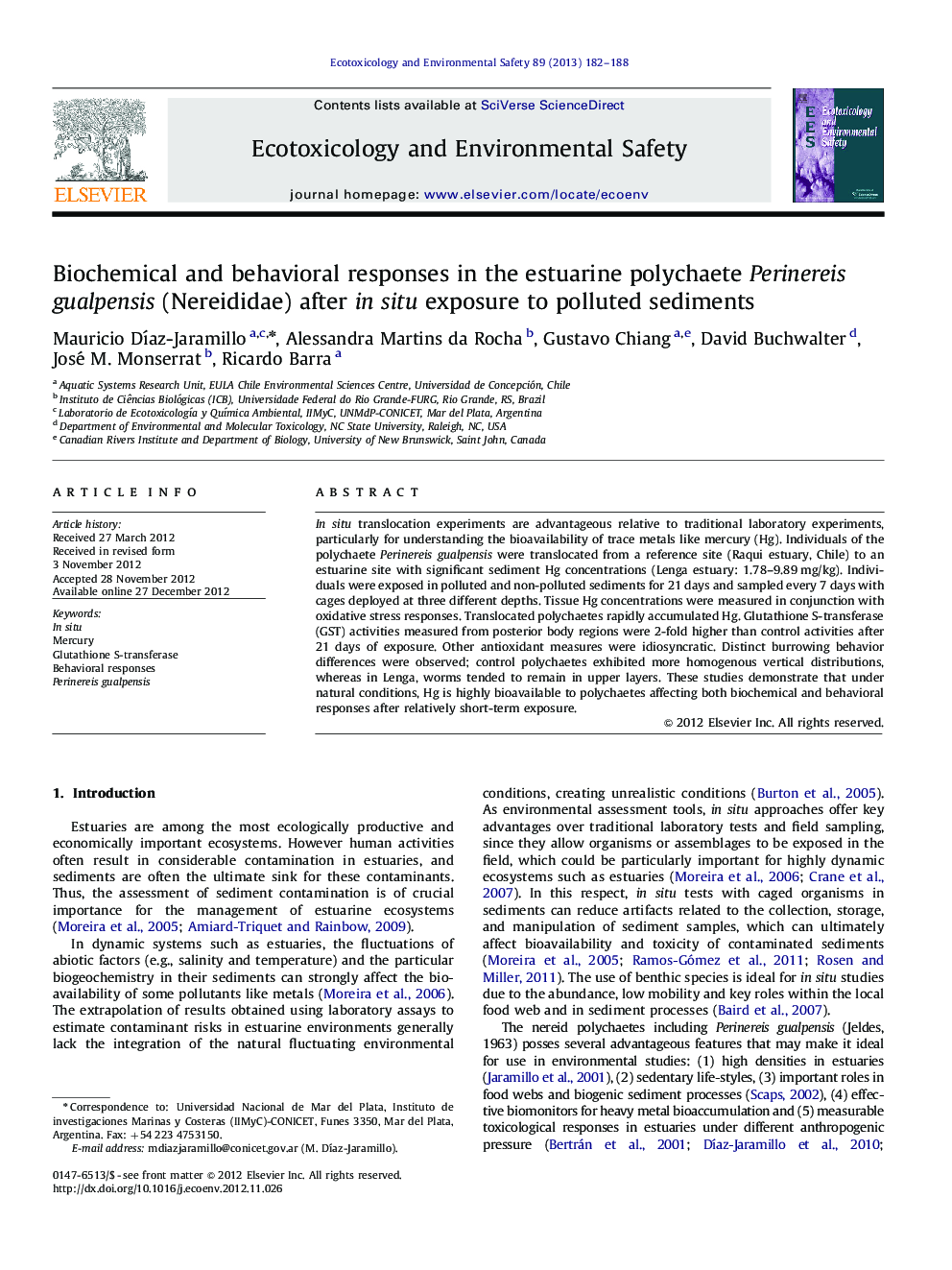 Biochemical and behavioral responses in the estuarine polychaete Perinereis gualpensis (Nereididae) after in situ exposure to polluted sediments