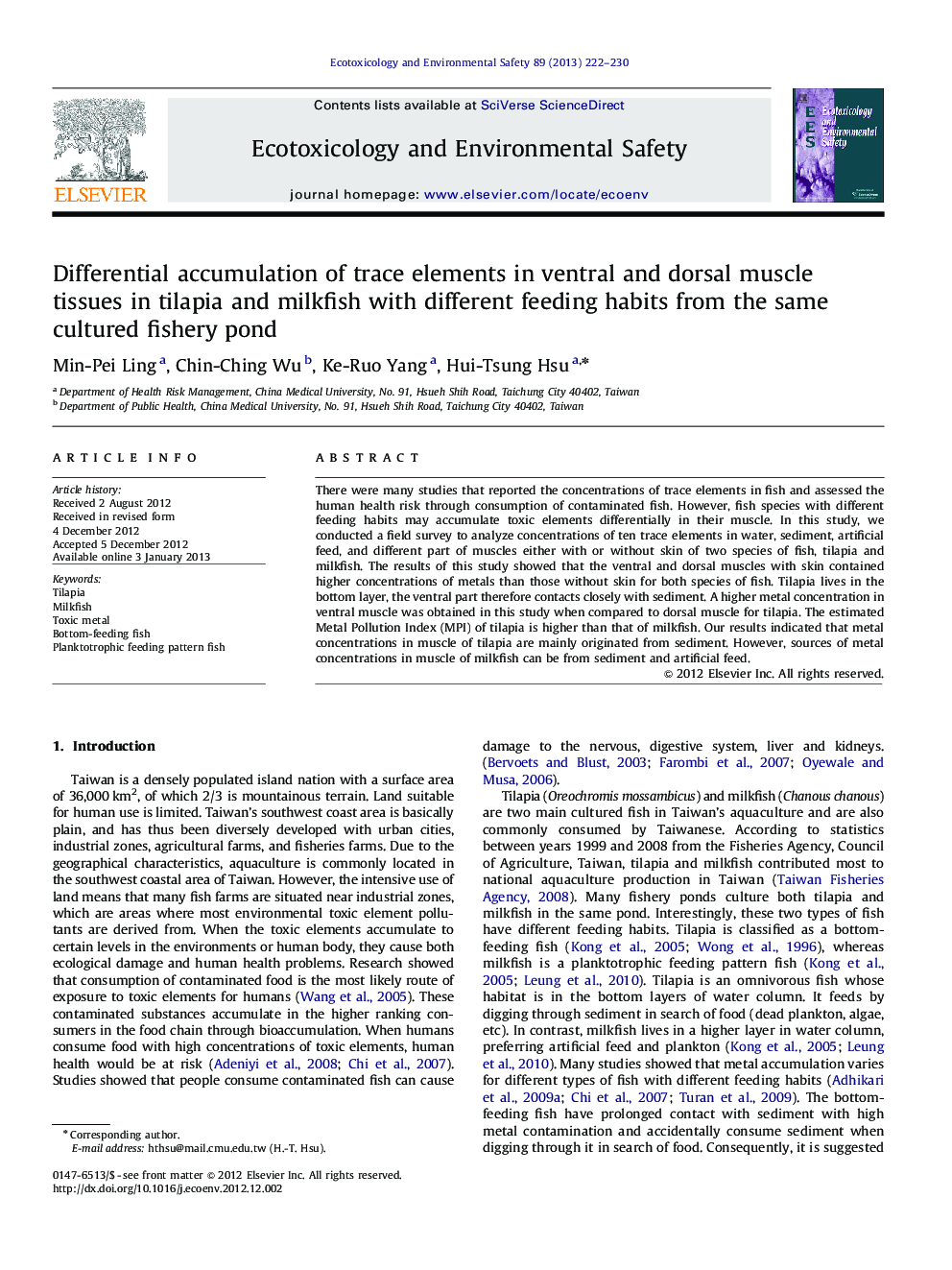 Differential accumulation of trace elements in ventral and dorsal muscle tissues in tilapia and milkfish with different feeding habits from the same cultured fishery pond