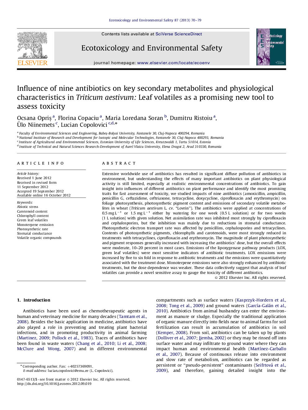 Influence of nine antibiotics on key secondary metabolites and physiological characteristics in Triticum aestivum: Leaf volatiles as a promising new tool to assess toxicity