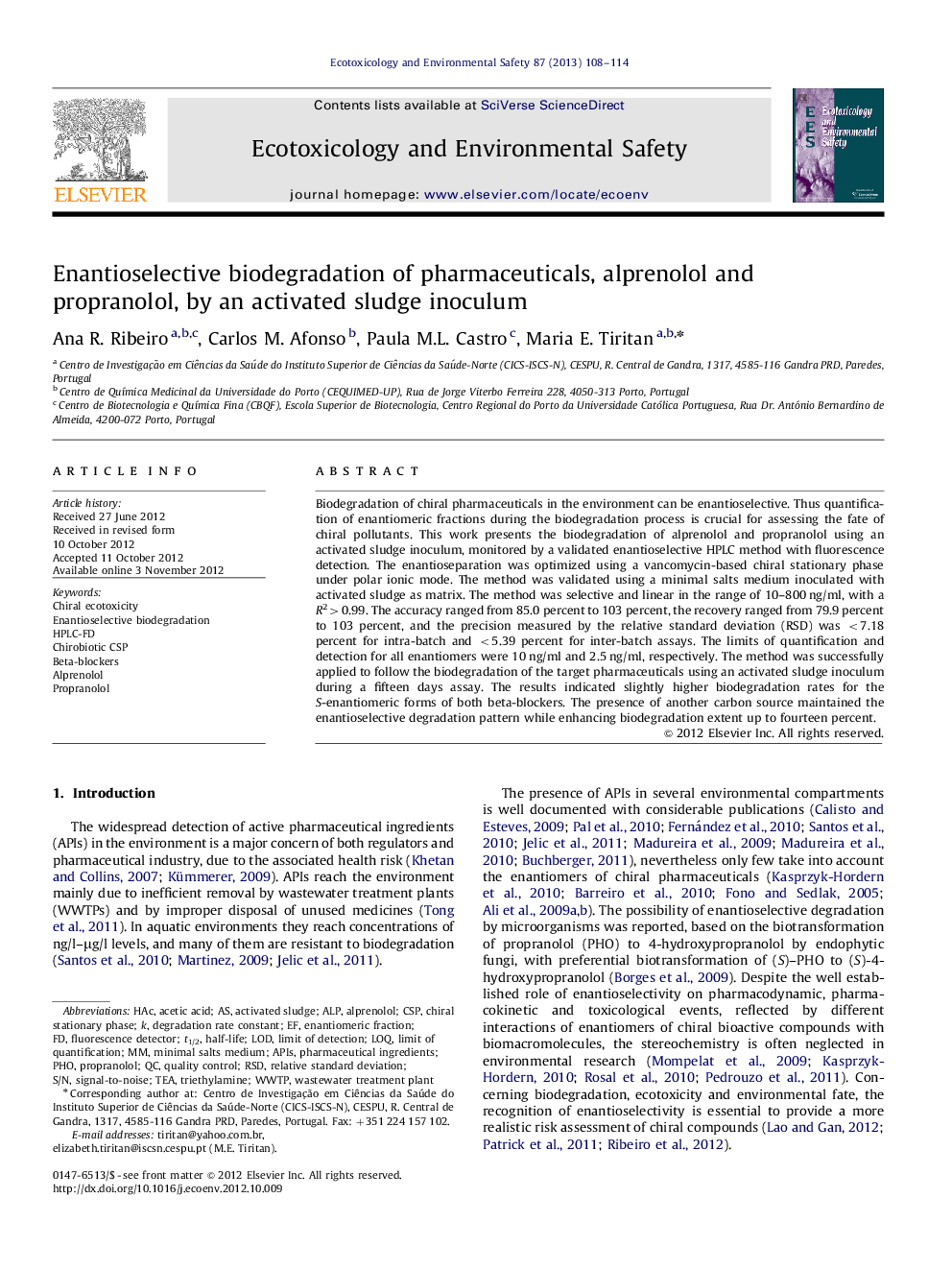 Enantioselective biodegradation of pharmaceuticals, alprenolol and propranolol, by an activated sludge inoculum