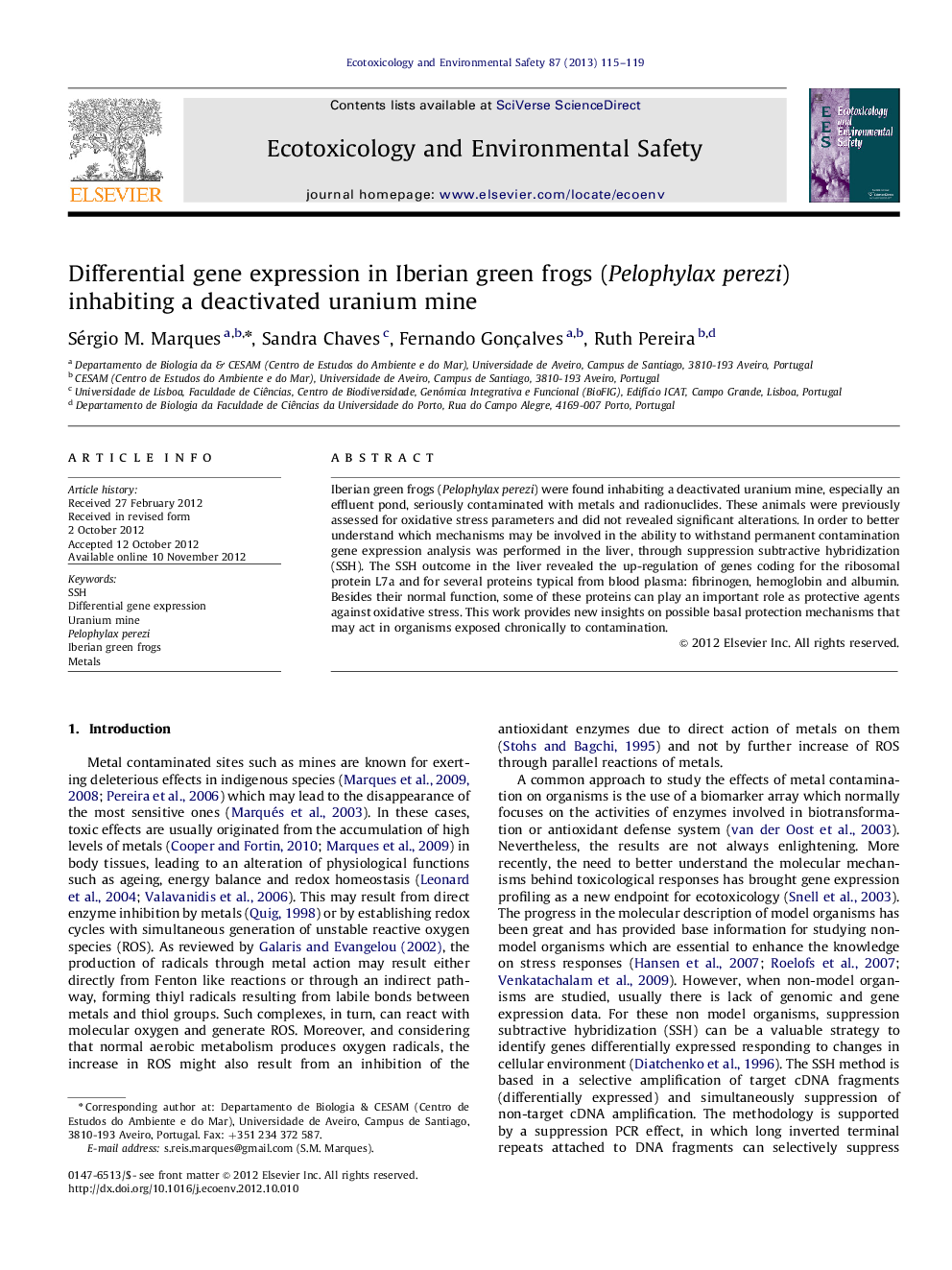 Differential gene expression in Iberian green frogs (Pelophylax perezi) inhabiting a deactivated uranium mine