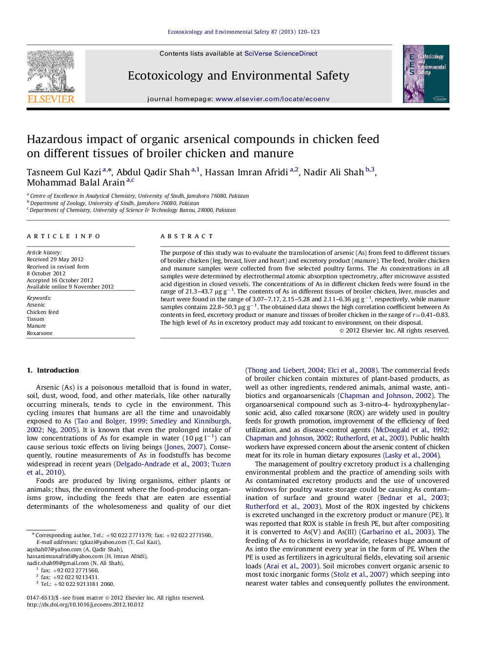 Hazardous impact of organic arsenical compounds in chicken feed on different tissues of broiler chicken and manure