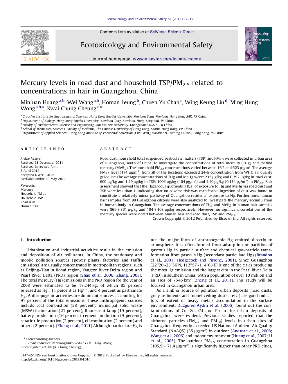 Mercury levels in road dust and household TSP/PM2.5 related to concentrations in hair in Guangzhou, China