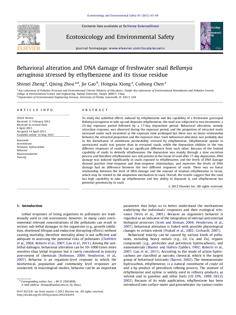 Behavioral alteration and DNA damage of freshwater snail Bellamya aeruginosa stressed by ethylbenzene and its tissue residue